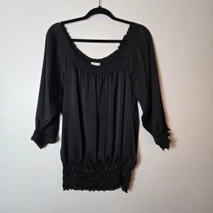 Covington Womens Large Black Smocked Waist Peasant Blouse 3/4 Sleeve Ruffle Trim